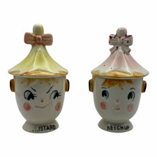 Vintage Commodore Japan Mustard Ketchup Jars Anthropomorphic Ceramic Condiment picture