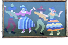Excellent Framed Vintage Folk Dance Colorful Needlepoint Mid Century Handmade picture