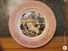 Vintage California Souvenir Plate Perfect Condition Pink With Gold Rim 9 3/4 In picture