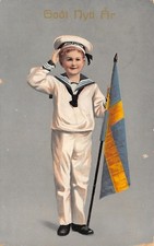 New Year~Sailor Boy Salutes~Jaunty Cap~Holds Flag of Sweden~c1912 Postcard picture