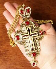 Ornate Vine Crown Gold Plated Byzantine Bishops Pectoral Cross Crucifix 39 Inch picture