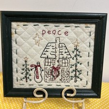 Vtg Embroidered Peace Black Framed 9x7 Picture Snowman Log Cabin Christmas Tree picture
