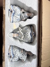 Porcelain Colonial Musician Ladies Set of 3 Blue White Gold Trim Harp Mandolin picture