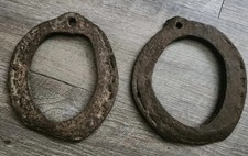 2 Vintage Round Closed Cast Iron Metal Horseshoes 6.5” Long by 5.25” Wide picture