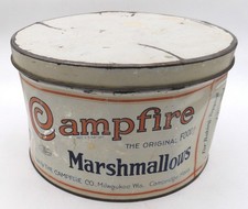 Large 1920-30s Antique Campfire Marshmallows 5 LB Tin Milwaukee WI Vintage Worn picture