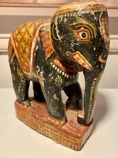 Antique Hand Carved & Painted Wood Elephant Statue Decor Figure 9”H picture