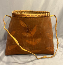 Vintage Handmade Birch Bark Basket Rustic Primitive Folk Art Leaf Motif picture