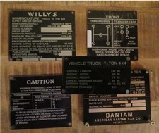 Willys Military Jeep 1944 Aluminum Dash Data Plate Set of 4 + Bonus Bantam picture