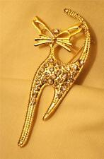 Delightful Stylized Goldtn Kitty Cat Kitten Rhinestone Figural Brooch Pin picture