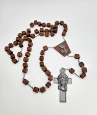 Vintage Casket Wooden Rosary Square Brown Beads, Crucifix, Over 4FT Prayer Beads picture