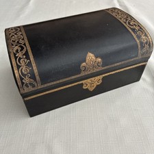 Vintage SWANK Black Faux Leather Gold Trim Jewelry Box Red Velvet Lined 7