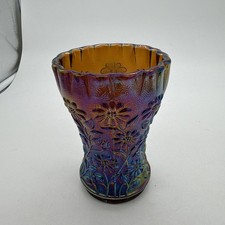 Vintage Imperial Amber Daisy Carnival Glass Whimsy Vase - 5 1/2” RARE picture