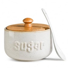 Sugar Holder, Ceramic Sugar Jar, Sugar Bowl with Lid and Spoon Beige picture