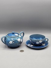 Vintage Blue W/White Cherry Blossoms Tea Cup/Saucer & Sugar Bowl. Japan picture