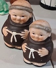 VTG West Germany Monk Friar Salt Pepper Shakers Pair Brown Robes Cute Faces. picture