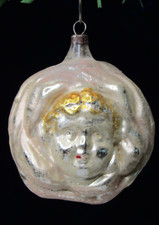 Antique VTG Glass Embossed ANGEL FACE on FLOWER BUD Christmas Ornament Germany picture