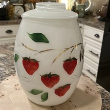 Vintage 1950-1960 Bartlett Collins Strawberry Milk Glass Cookie Jar picture