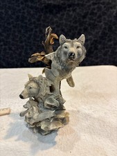 9” Tall Grey Wolves On Tree With Cubs Resin Wolf Family Figurine Native American picture
