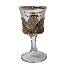 KINGSTON NY NEW YORK ANTIQUE Souvenir Glass TRINKET CLEAR GOLD CUP GOBLET picture