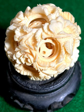 Vintage Chinese Carved Bovine Bone Puzzle Ball-5 Layers Floral Rose Motif picture
