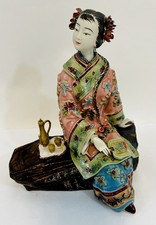 Vintage Chinese Wucai Shiwan Sitting Lady Porcelain Figurine - A FEW SMALL CHIPS picture