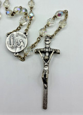 Rosary Necklace Lourdes Italy Clear AB Beads Silver Tone Crucifix Catholic Cross picture