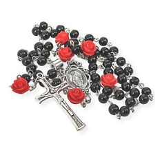Black Pearl Rosary Beaded Chaplet Red Roses Beads Lourdes Medal & Cross 20