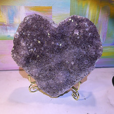 Heart-Shaped Purple Crystal Cluster Mineral Display Specimen on Metal Stand 8 in picture
