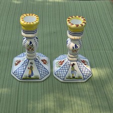 Vintage Henriot Quimper France Breton Couple Candle Holders Faience Pair picture