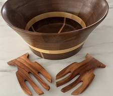 Vintage Segmented Wood Bowl Hand Turned Mid Century Style Salad Server Primitive picture