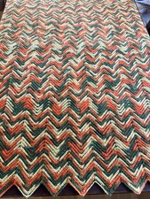 Vintage 70s Crochet Chevron Afghan Throw Blanket Earth Tone Flame Stitch picture