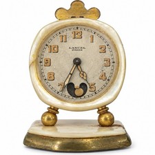 Antique Lancel Paris Miniature Mechanical Travel Alarm Clock w Wood Case picture