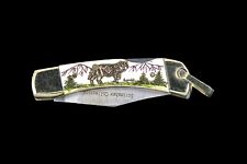Etched Wolf Design Colored Scrimshaw Collection Small Pocket Knife  picture