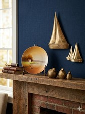 Vtg Solid Brass Sailboat & Quail Family Lot with Scenic Plate and Brass Holder picture