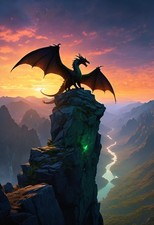 Dragon Atop Mountain Spire at Dawn - Fantasy Landscape Print picture