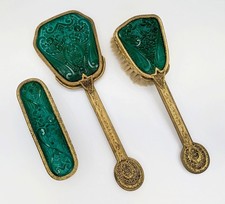 Vintage Schlevogt Ingrid Czech Jade Glass 3 Pc Vanity Mirror Brush Set Art Deco picture