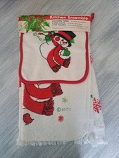 Vtg NOS Hallmark Riegel Snowman Christmas Kitchen Towel Dishcloth Pot Holder Set picture