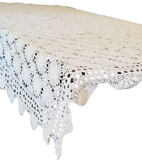 Vintage Ivory Hand Crochet Scalloped Edge Tablecloth Coverlet 60