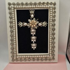Handmade Mixed Media Framed Cross Jeweled One of a kind Signed Wall Art picture
