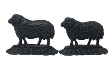 Pair of Antique 19thC. Cast Iron Ram Door Stops, 2 Black Free-Standing Heavy picture