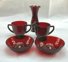 Vtg Lot Anchor Hocking Footed Ruby Red Sugar Creamer Vase 2 Fruit Bowls picture