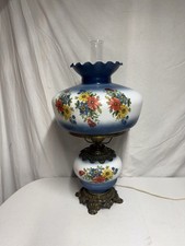 Vintage Hurricane Lamp Blue 27” Floral Brass Base 15” wide Top Globe 3 Way GWTW picture