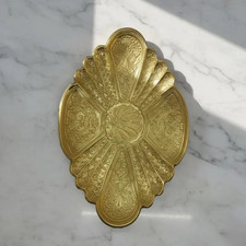 Handcrafted Antique Brass Floral Tray Engraved Jewelry Dish Vintage Pooja Decor picture