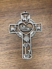 JCC Fine Pewter Baby Baptism Christening Wall Cross Signed 2000 Baptism Symbols picture