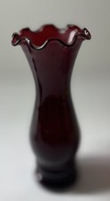 Vintage MCM Anchor Hocking Royal Ruby Red Glass Bud Vase Ruffled Top 6” SALE picture