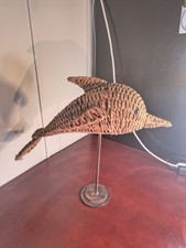 Vintage Wicker Rattan Dolphin Sculpture on Cast Iron Stand Boho Coastal Decor picture