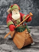 Christmas Santa Figure Fabric Wood Kayak Canoe Snowshoes Pine Branches picture