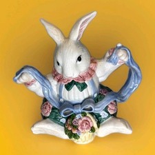 1991 Fitz & Floyd Spring Bunny Rabbit Hand Painted Easter Teapot Cottagecore  picture