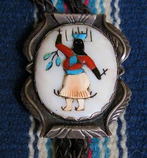 Zuni attr. CHESTER MAHOOTY Apache Gahn Dancer Bolo Mosaic Inlay 