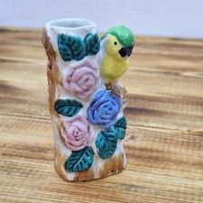 Vintage Occupied Japan Ceramic Porcelain Parrot Mini Vase 3.75” Bird, Floral picture